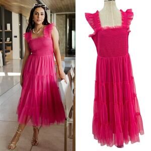 Baltic Born Emma Smocked Tulle Dress Ruffle Tiered Hot Pink Plus Size 1XL